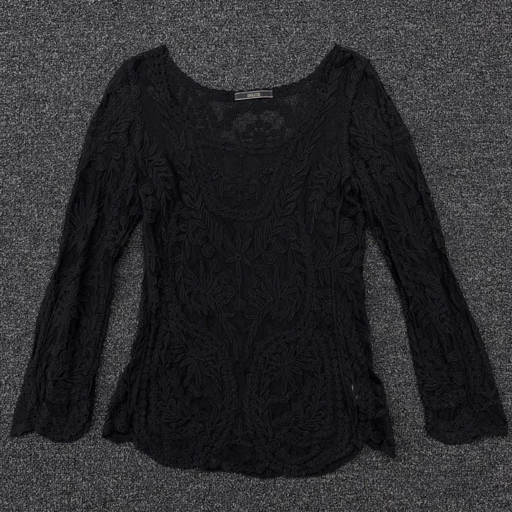 Anthropologie Dulcie Black Lace Floral Long Sleeve Blouse Top Size S Boho Sheer